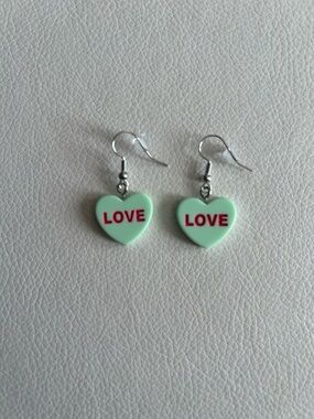 Conversation Hearts LOVE Drop Earrings in Mint Green with Pink Lettering